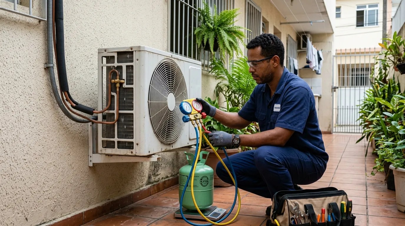 Técnico fazendo carga de gás na condensadora do ar-condicionado em Franca‑SP