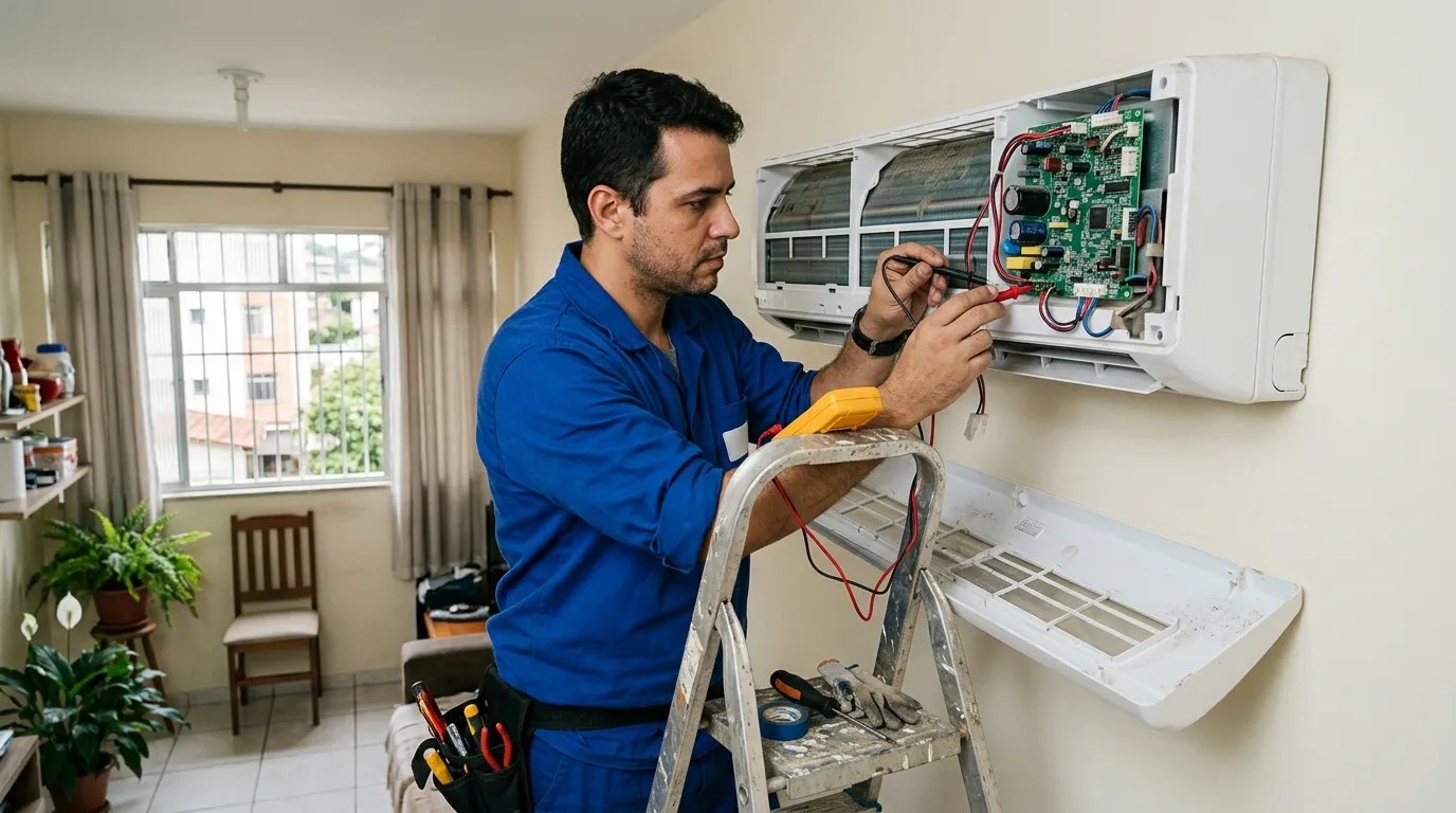 Técnico trocando a placa eletrônica de ar-condicionado split em Franca‑SP