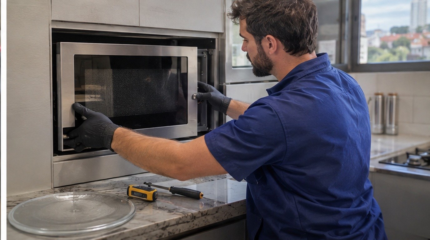 Conserto de micro-ondas de embutir em Franca‑SP: técnico encaixando o aparelho no armário