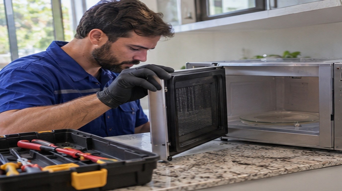 Conserto de micro-ondas em Franca‑SP: técnico abrindo um micro-ondas de bancada