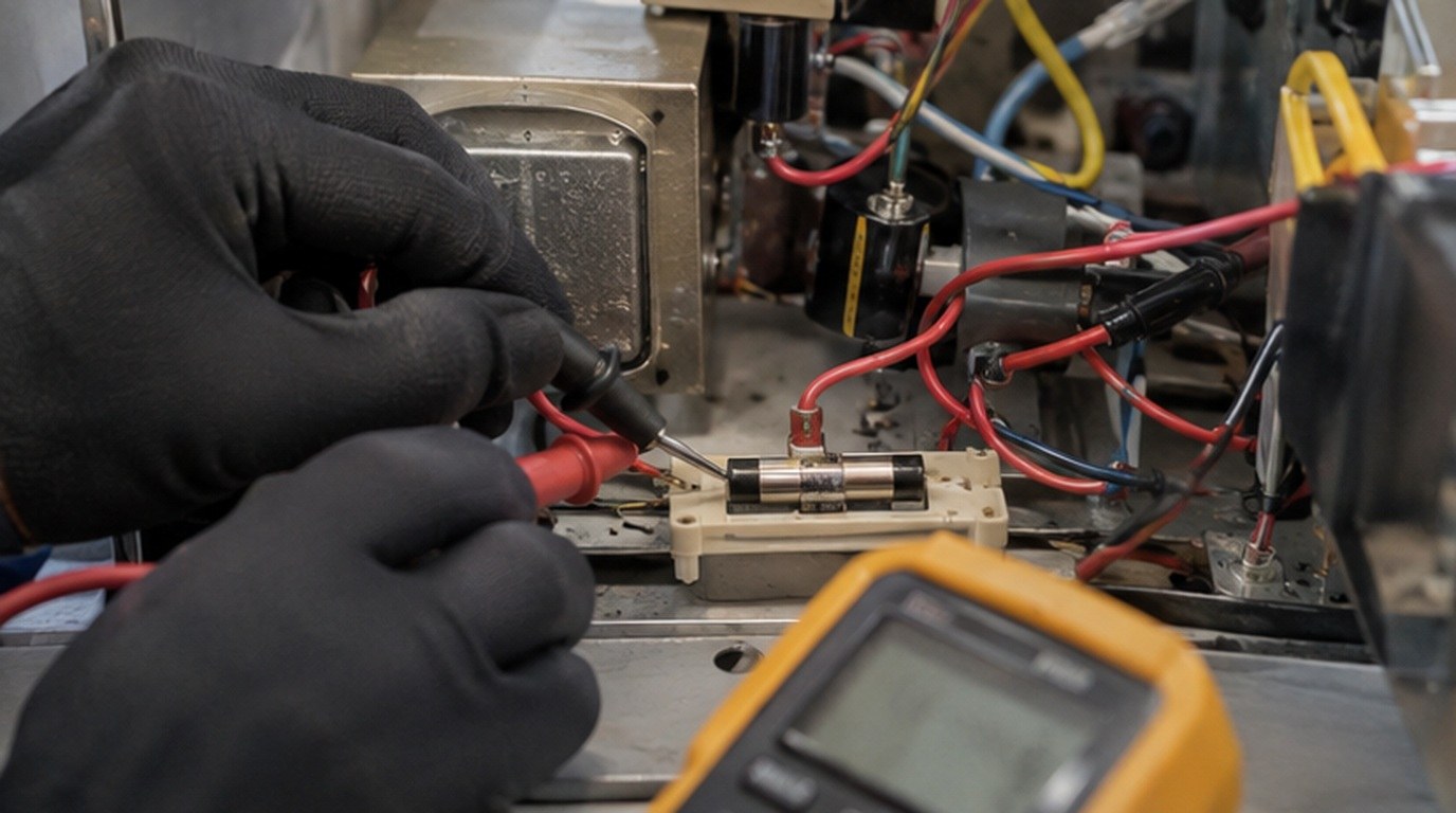 Conserto de micro-ondas em Franca‑SP: teste do fusível e do diodo de alta tensão
