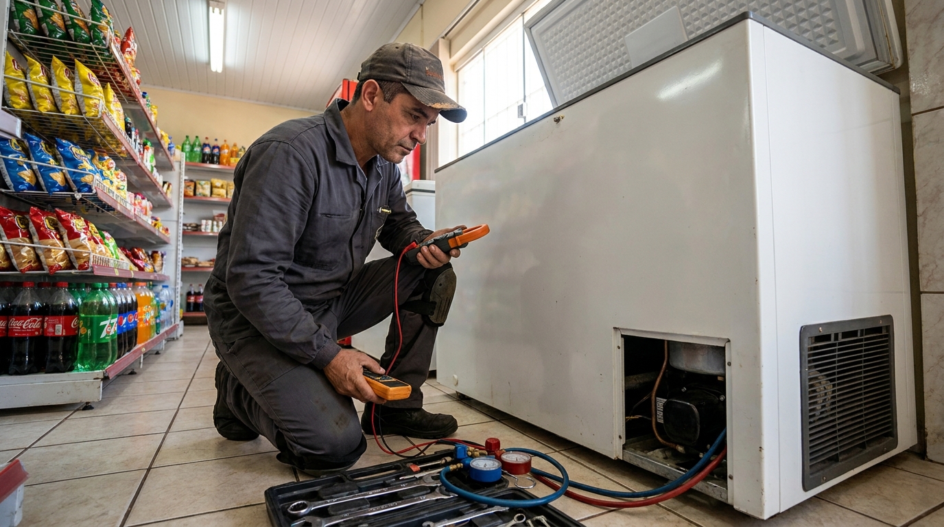 Reparo da placa eletrônica de um freezer em atendimento na Estação, Franca‑SP
