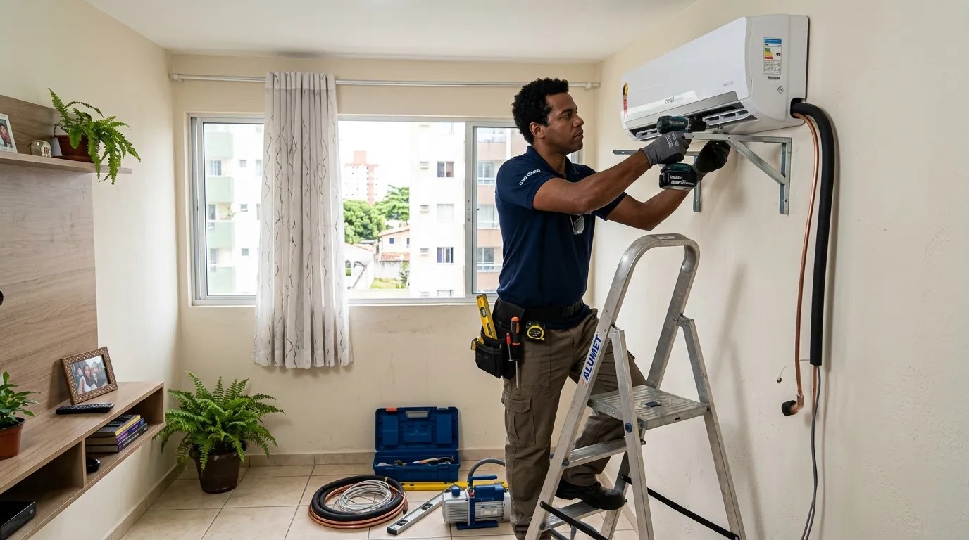 Técnico instalando ar-condicionado split em residência em Franca‑SP
