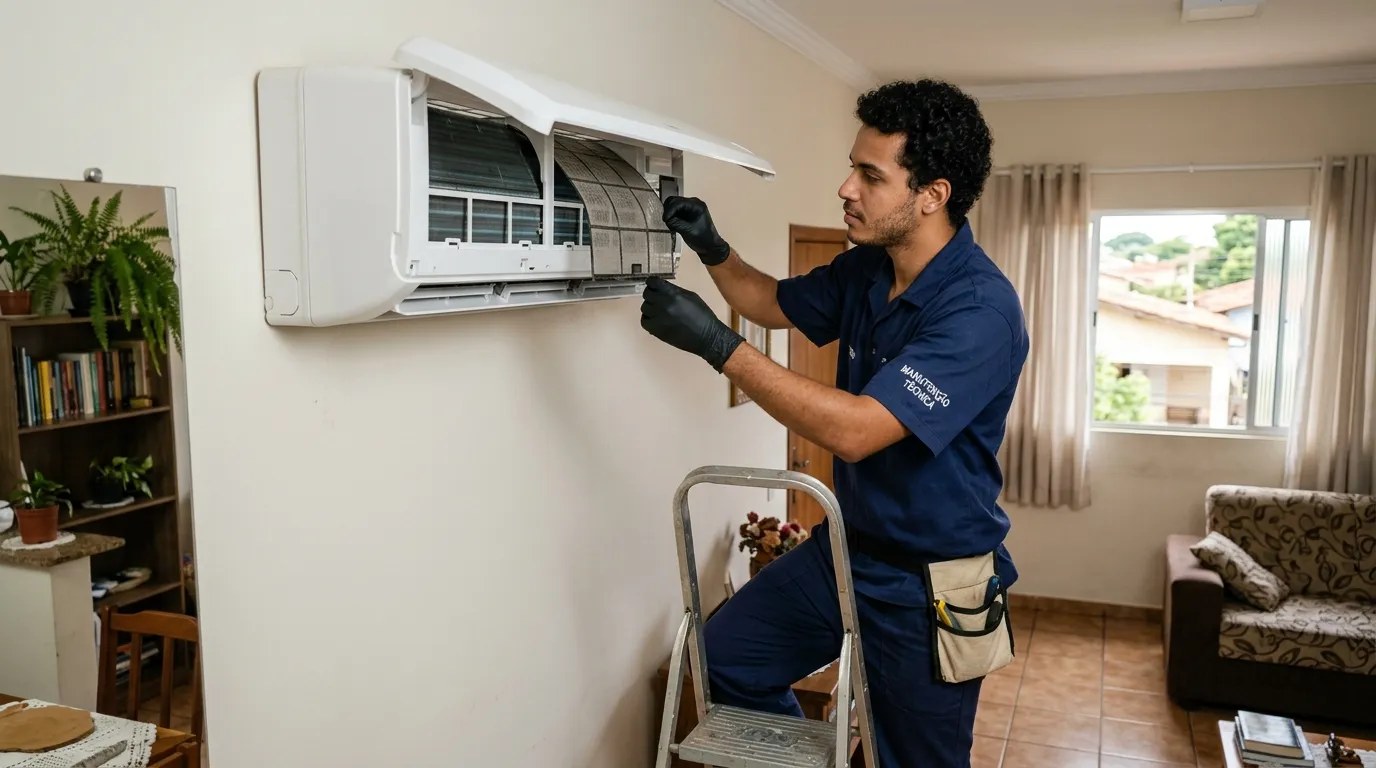Técnico fazendo limpeza e higienização de ar-condicionado split em Franca‑SP