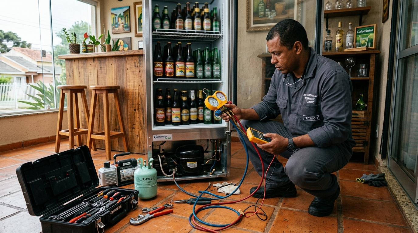 Técnico revisando o motor de uma cervejeira durante chamado em Franca‑SP