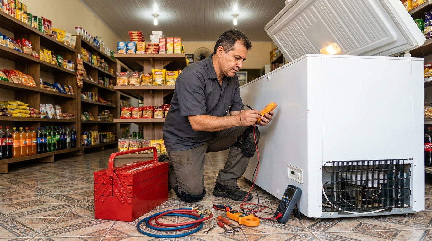 Manômetro conectado ao circuito durante recarga de gás de freezer na Estação, Franca‑SP