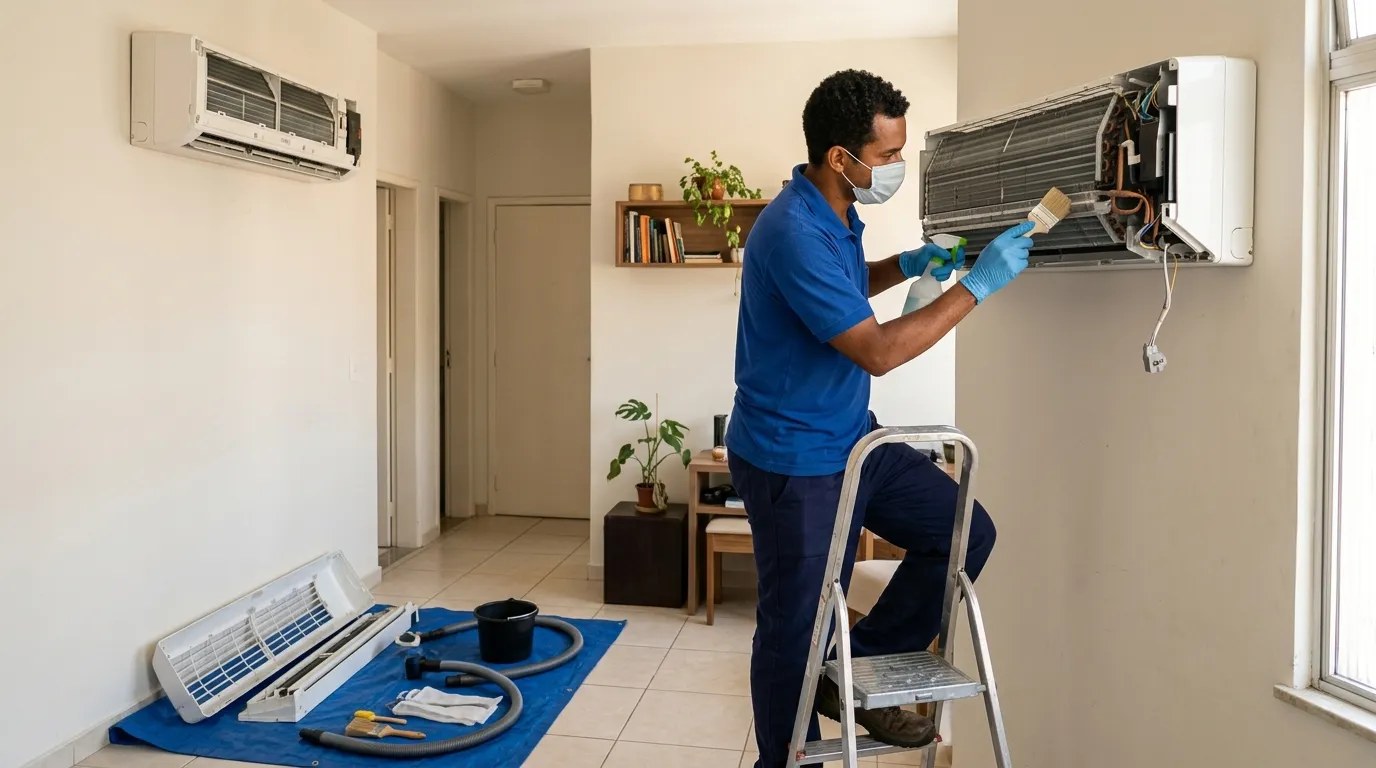 Técnico fazendo manutenção de ar-condicionado split em Franca‑SP