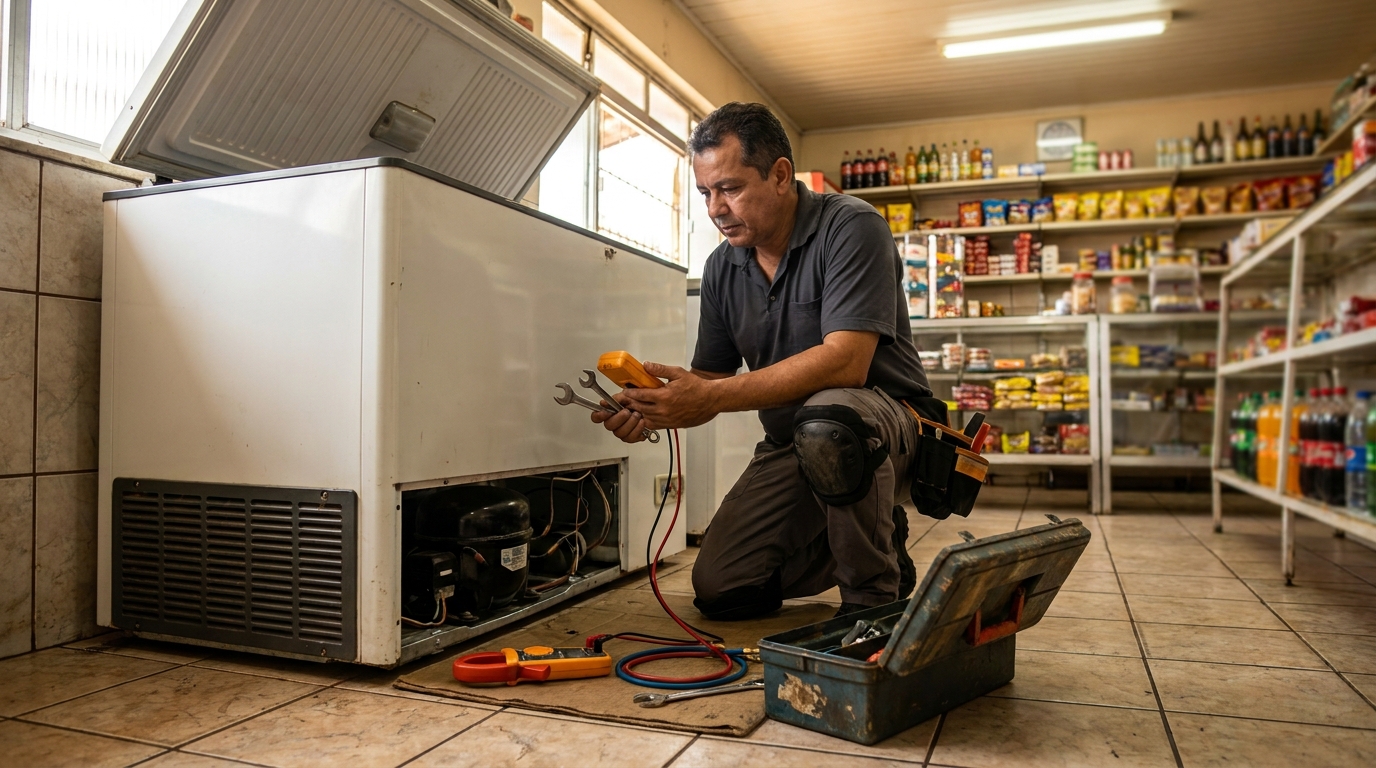 Técnico avaliando um freezer vertical durante atendimento na Estação, Franca‑SP