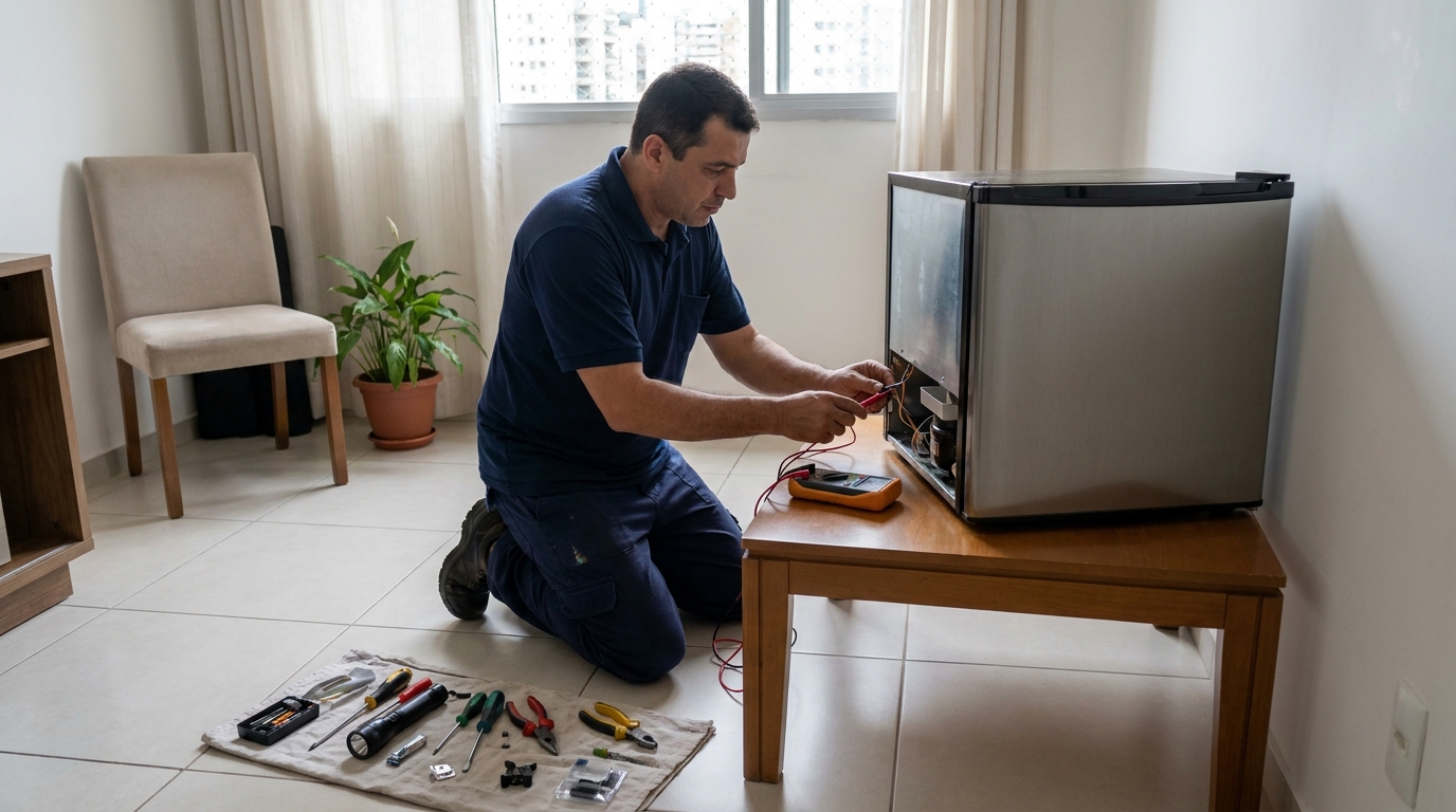 Técnico avaliando um frigobar compacto durante atendimento no Higienópolis, Franca‑SP